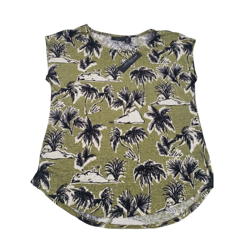 Tahari Cap Sleeve Linen Basic Top Womens M Green Black Round Neck Tropical Comfy